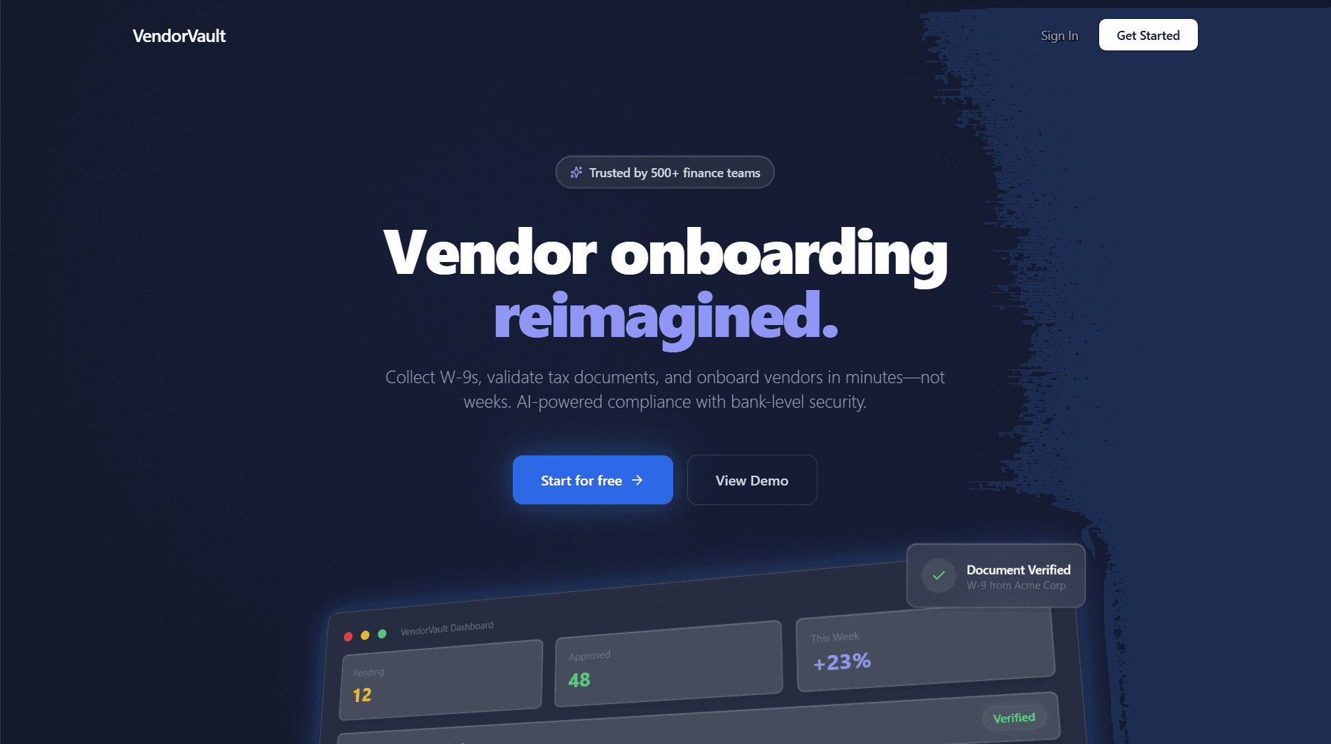 VendorVault interface screenshot showing vendor management